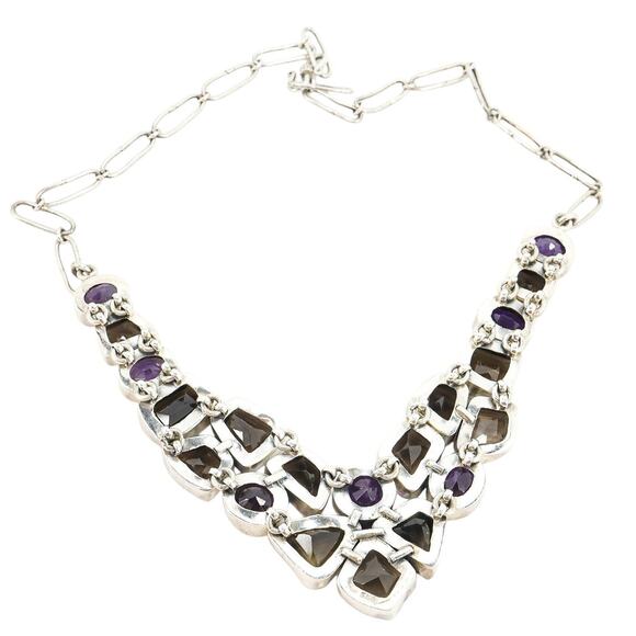 Sterling Silver Bezel Set Smoky Quartz Amethyst Organic Freeform Bib Necklace - Picture 4 of 6